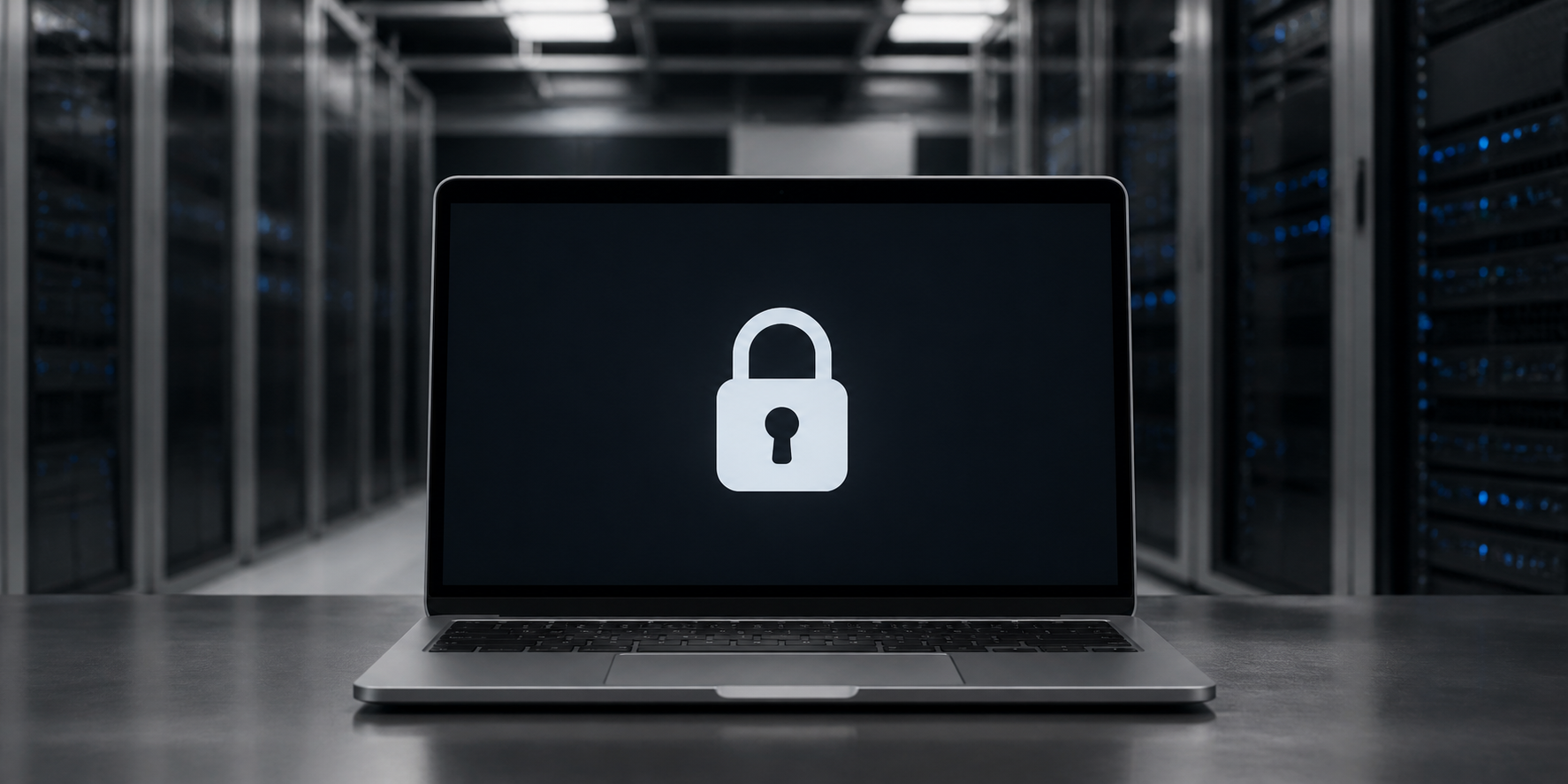 AI-generated subject illustration: an unbranded laptop showing a privacy lock in a server room.