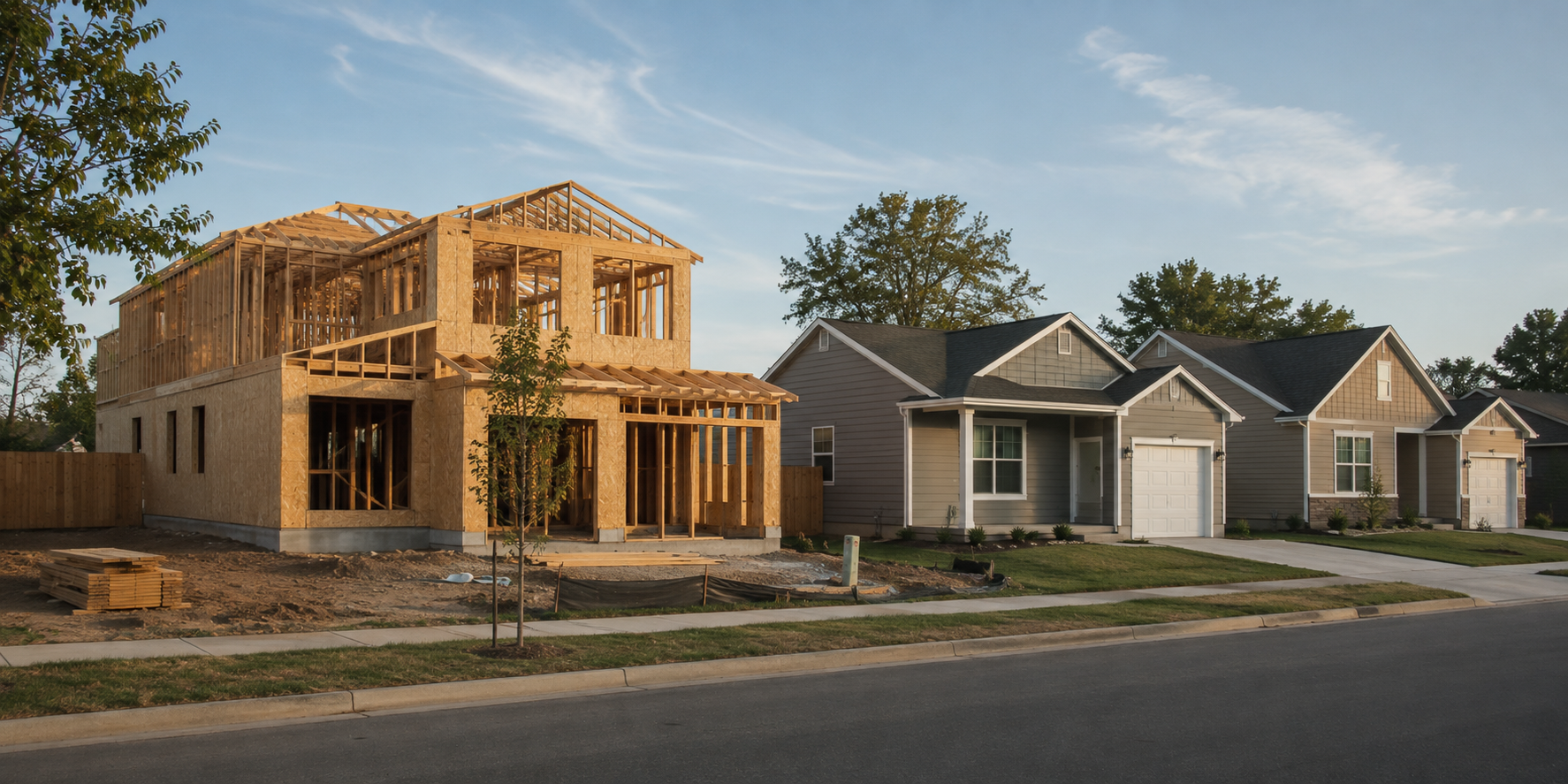 AI-generated subject illustration: homes under construction in an American neighborhood.