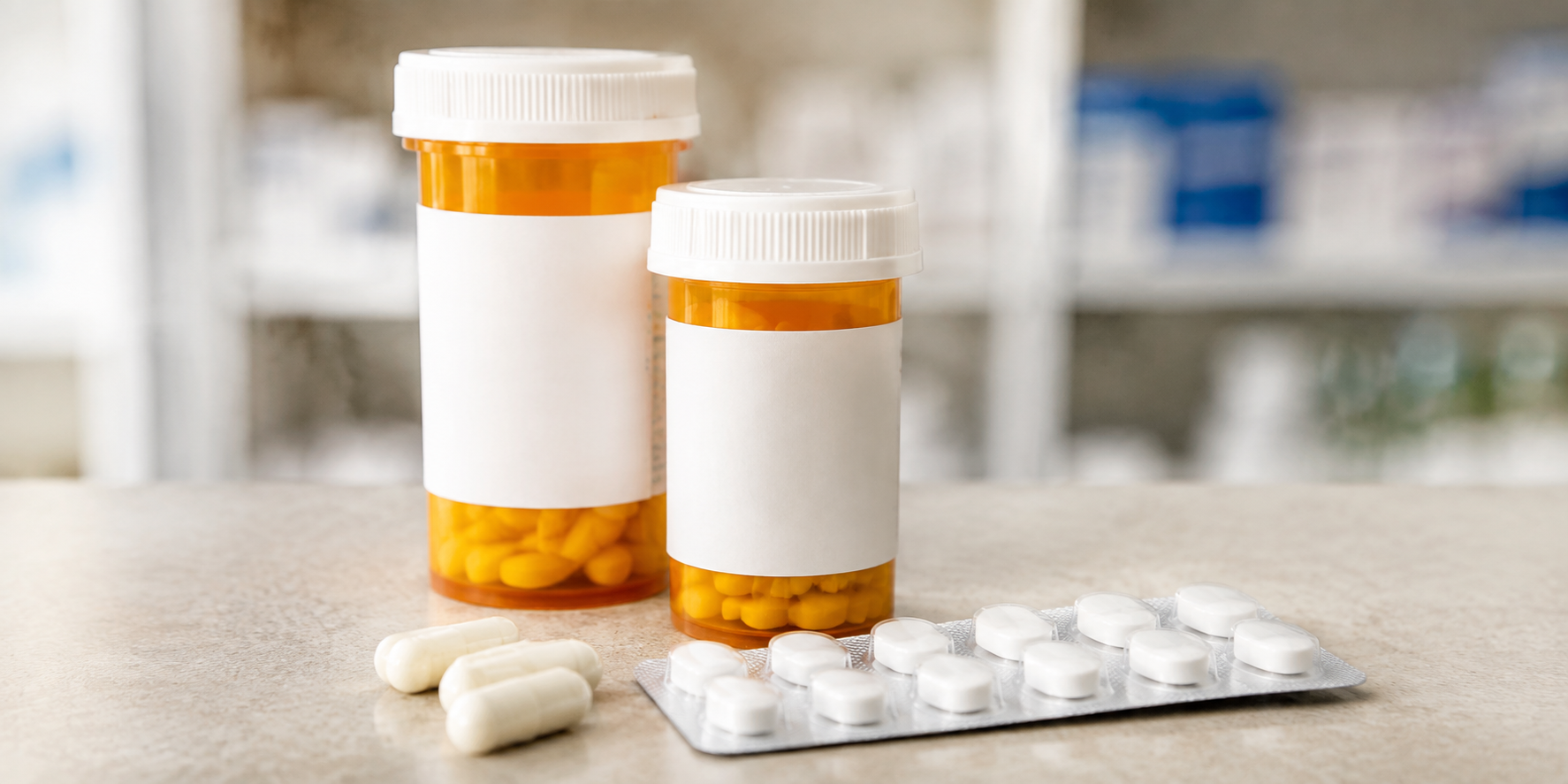 AI-generated subject illustration: generic prescription bottles and tablets on a pharmacy counter.